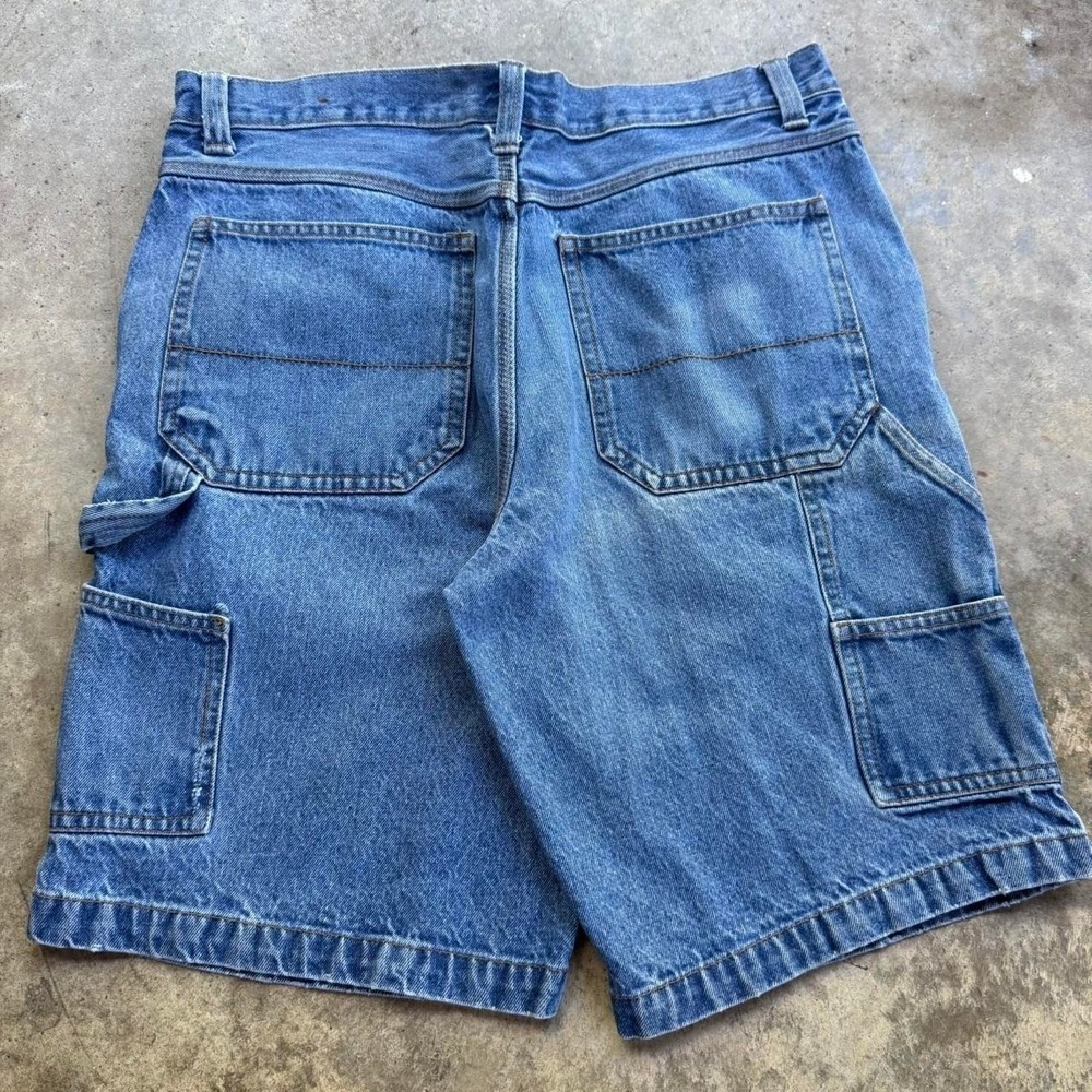 Vintage Y2K Baggy Wide Leg Carpenter Denim Shorts Blue Utility Mens Size 34 (c1)